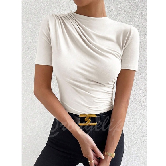 Ruched White Asymmetrical Short Sleeve Bodysuit  Stretchy - Picture 2 of 10